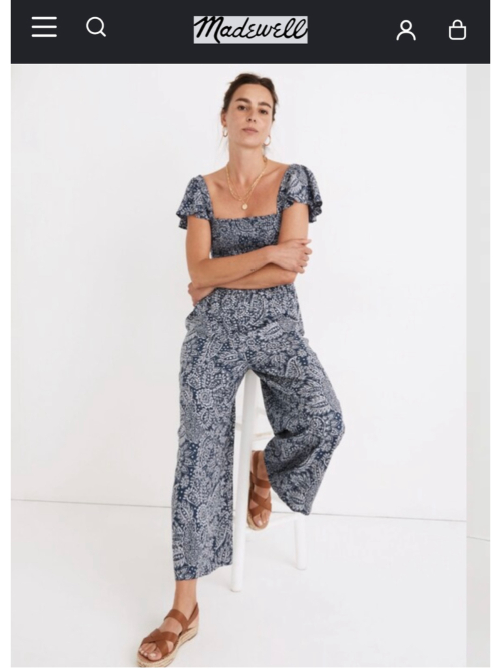 Women's Madewell Jumpsuit Size 14 (XL) Blue White Paisley Smocked Bodice